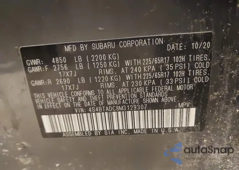 2021 Subaru Outback Premium z USA, uszkodzony, nr VIN 4S4BTADC8M3129307